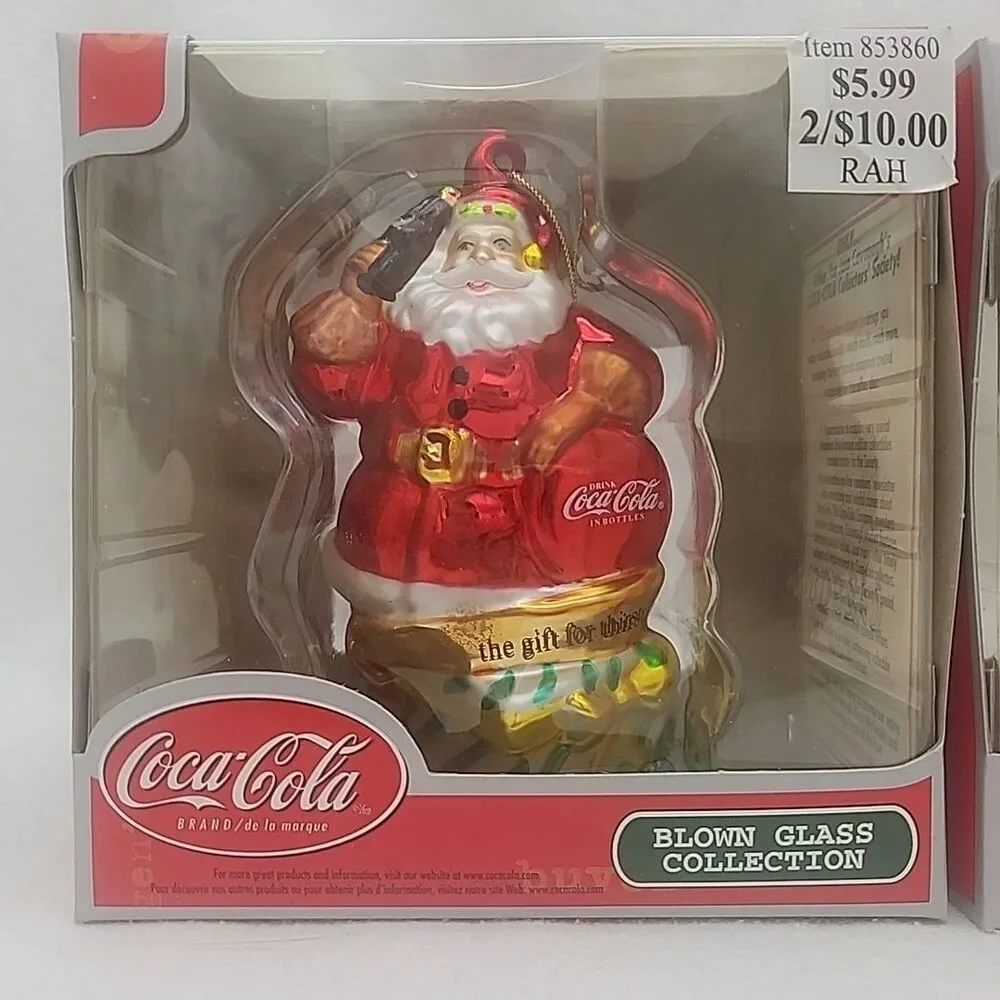 Ornament Coca Cola Blown Glass Snowman Santa Christmas Cavanaugh Set Of 2